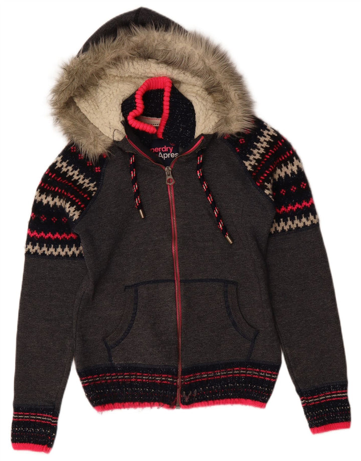 Superdry Womens Zip Hoodie Sweater UK 10 Small Grey Chevron Polyester