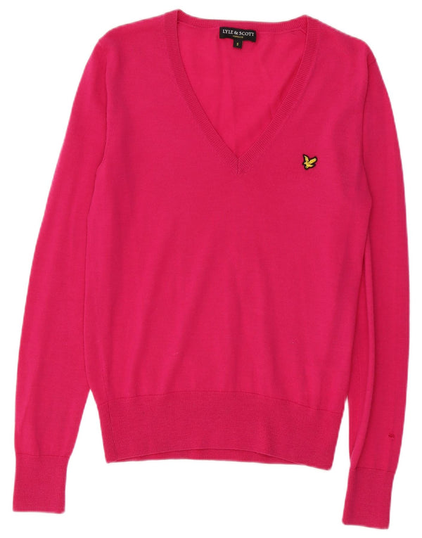 Lyle & Scott Womens V-Neck Jumper Sweater UK 10 Small Pink Merino Wool