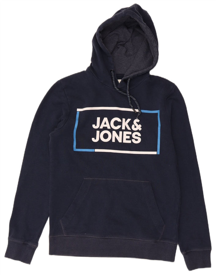 Jack & Jones Mens Graphic Hoodie Jumper Small Navy Blue Cotton