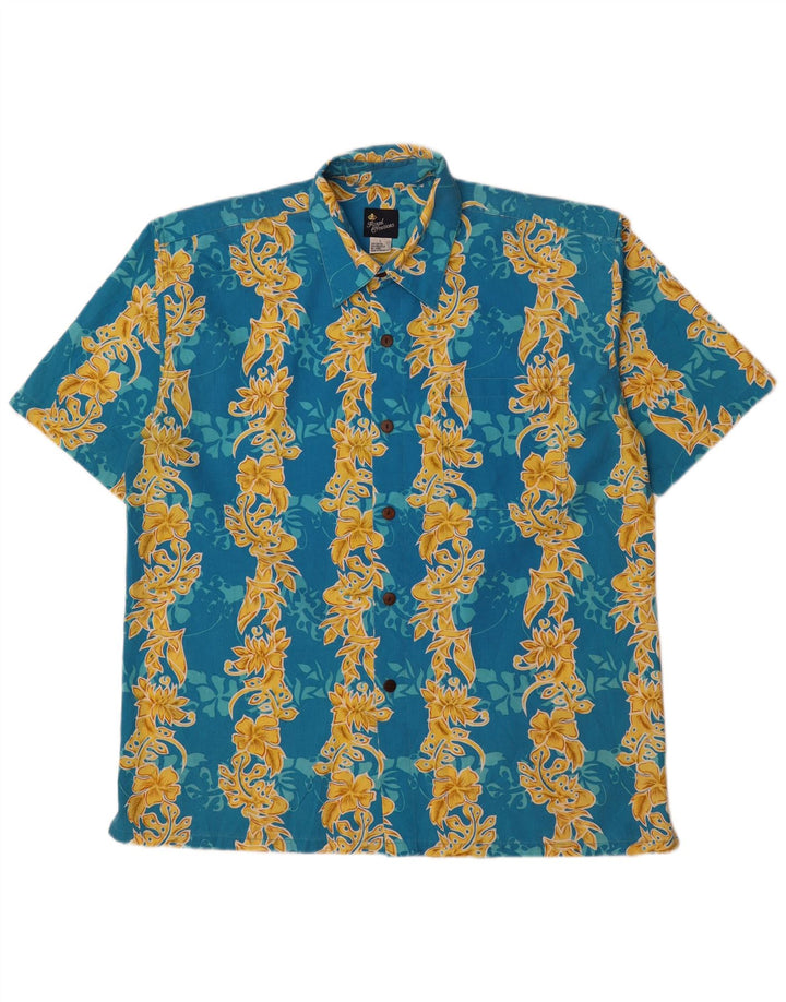 ROYAL CREATION Mens Short Sleeve Shirt Large Blue Floral Polyester