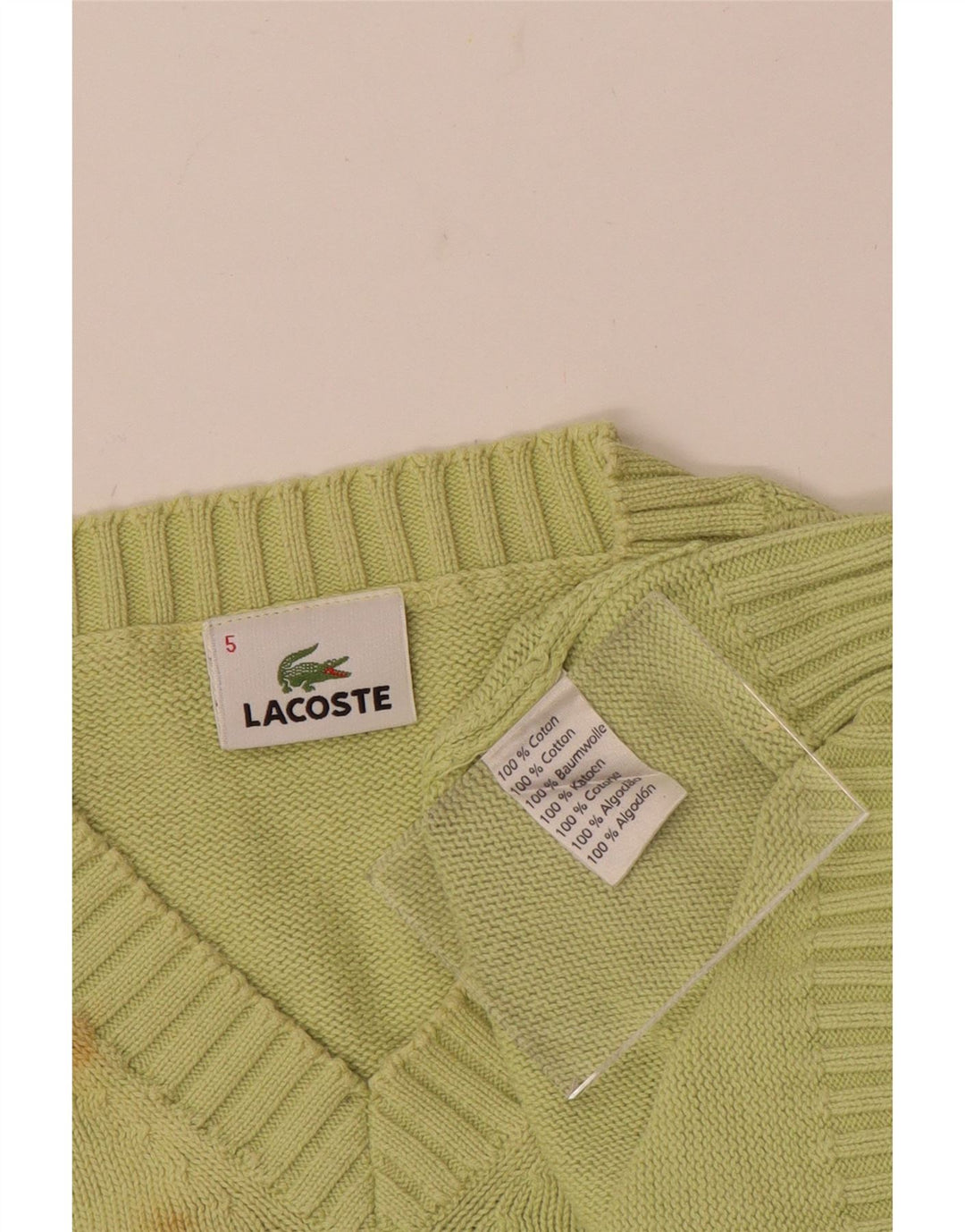 LACOSTE Mens V-Neck Jumper Sweater Size 5 Large Green Cotton