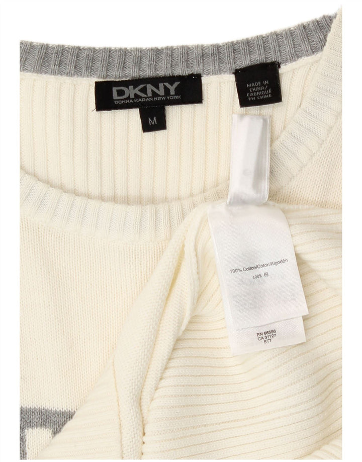 Dkny Mens Graphic Boat Neck Jumper Sweater Medium White Colourblock Cotton