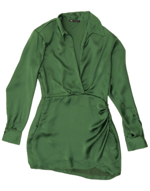 Zara Womens Long Sleeve Shirt Dress UK 12 Medium Green Polyester