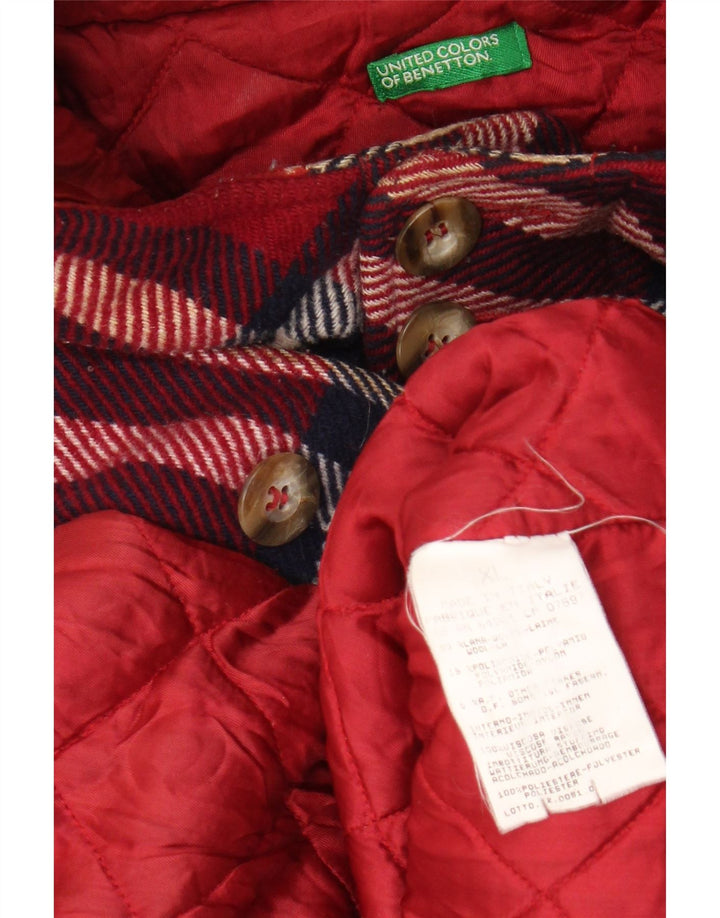 BENETTON Womens Hooded Overcoat UK 18 XL Red Plaid Wool
