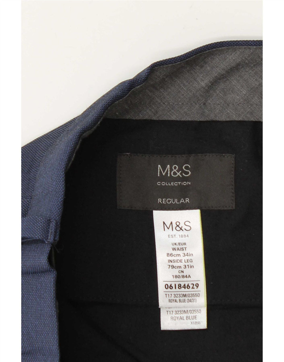 Marks & Spencer Mens Regular Fit Suit Trousers W34 L31 Navy Blue Polyester