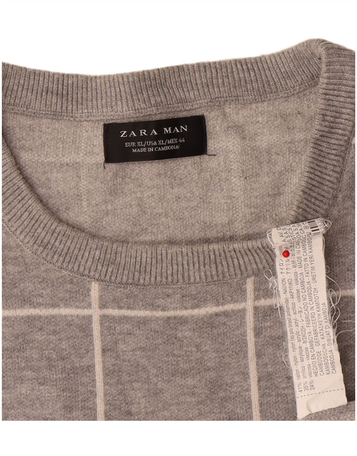 Zara Mens Crew Neck Jumper Sweater XL Grey Check Nylon