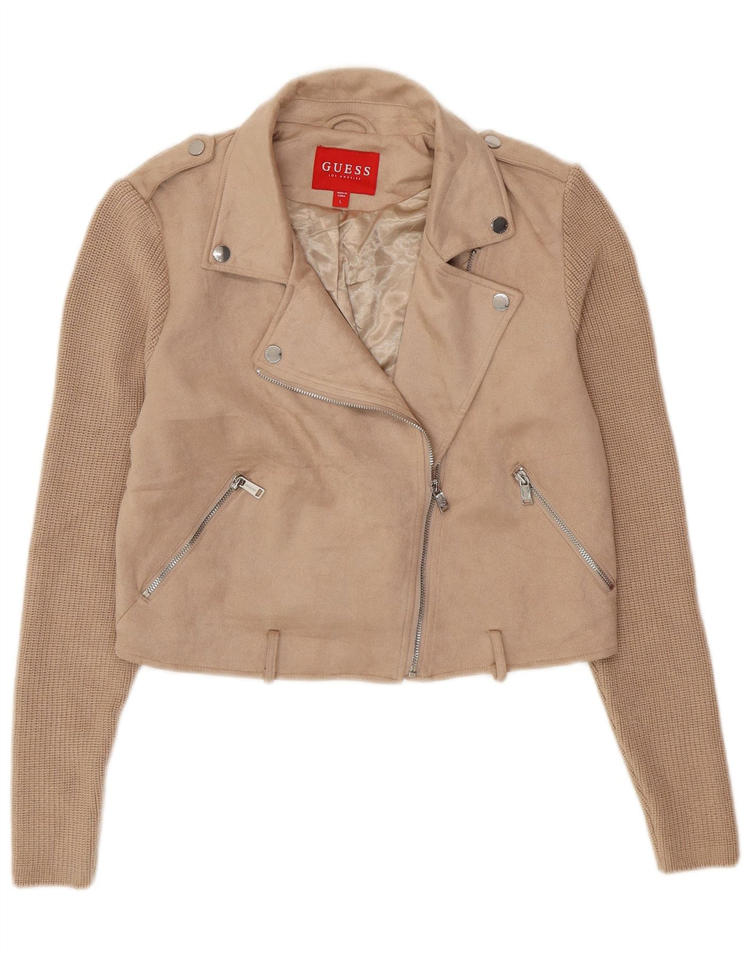GUESS Womens Crop Knit Biker Jacket UK 16 Large Beige