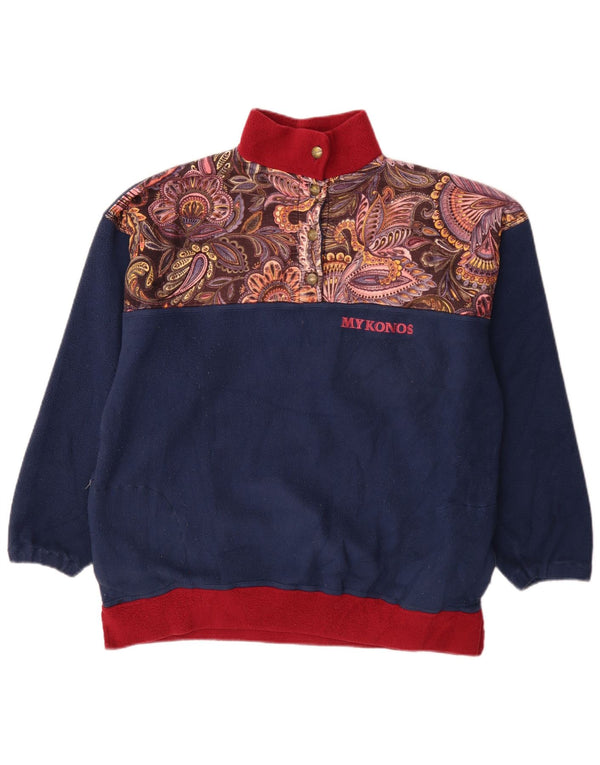Vintage Womens Button Neck Fleece Jumper UK 20 2XL Navy Blue Paisley Retro