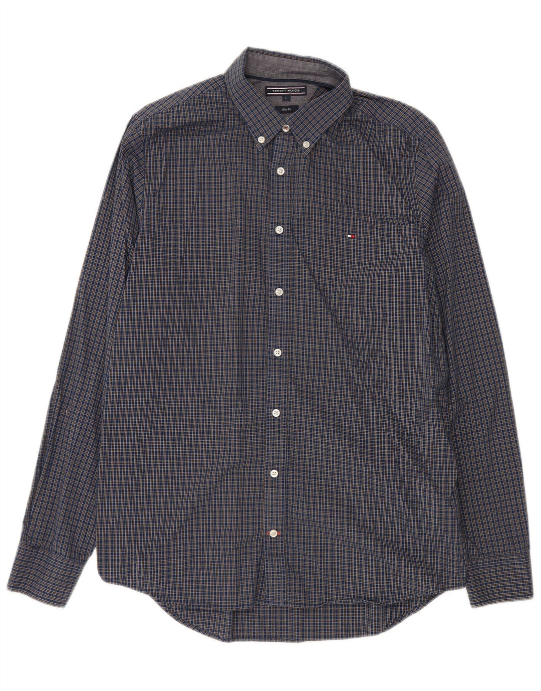 Tommy Hilfiger Mens Slim Fit Shirt Large Navy Blue Check Cotton