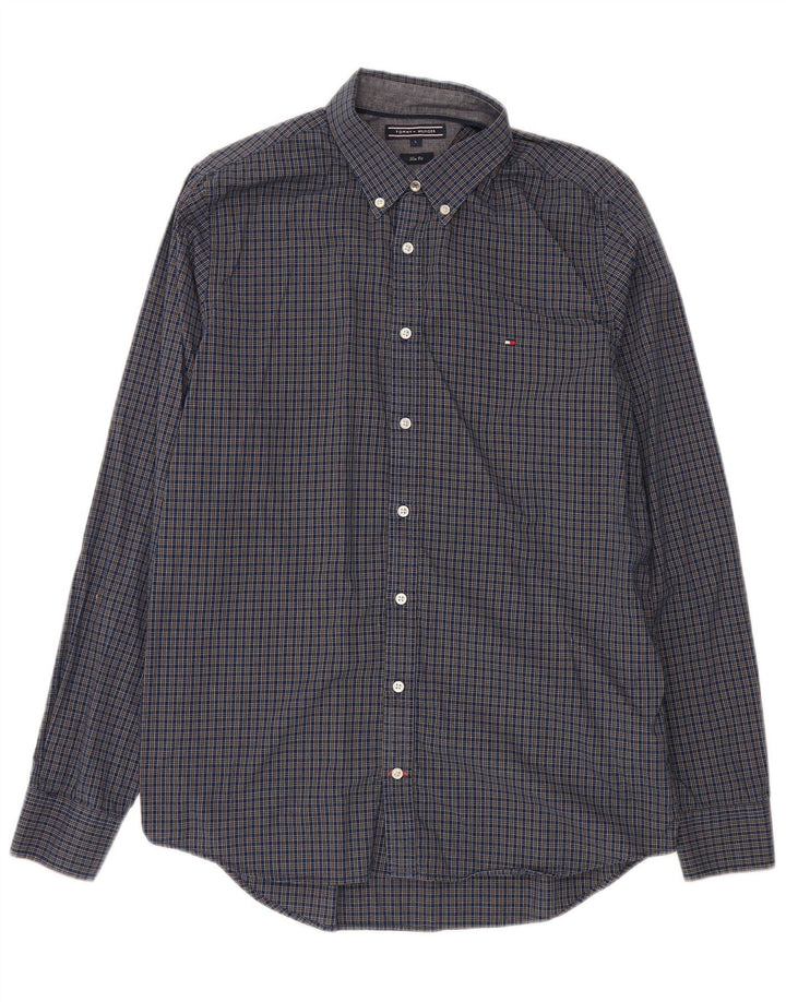 Tommy Hilfiger Mens Slim Fit Shirt Large Navy Blue Check Cotton