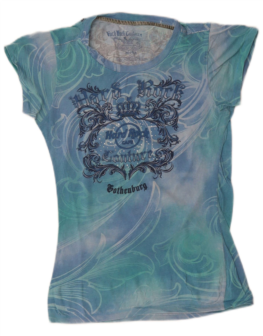 HARD ROCK CAFE Womens Couture Graphic T-Shirt Top UK 8 Small Blue Tie Dye