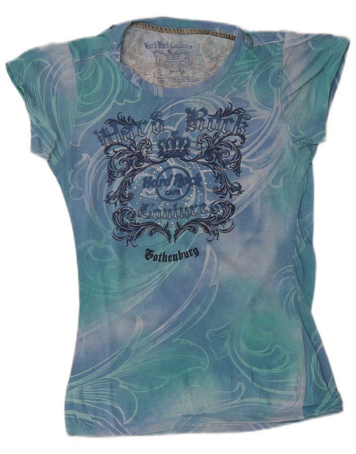 HARD ROCK CAFE Womens Couture Graphic T-Shirt Top UK 8 Small Blue Tie Dye