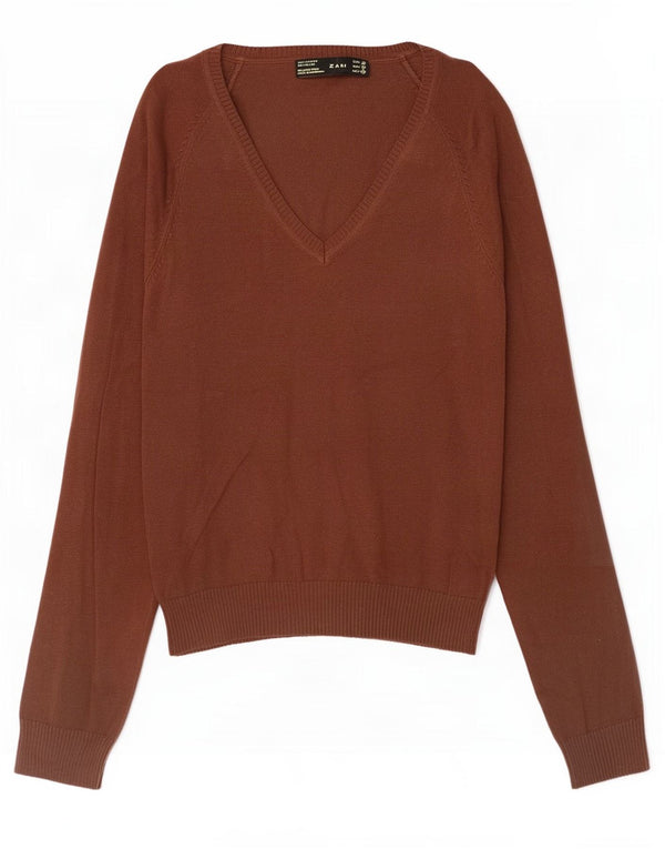 Zara Womens V-Neck Jumper Sweater UK 12 Medium Brown Cotton