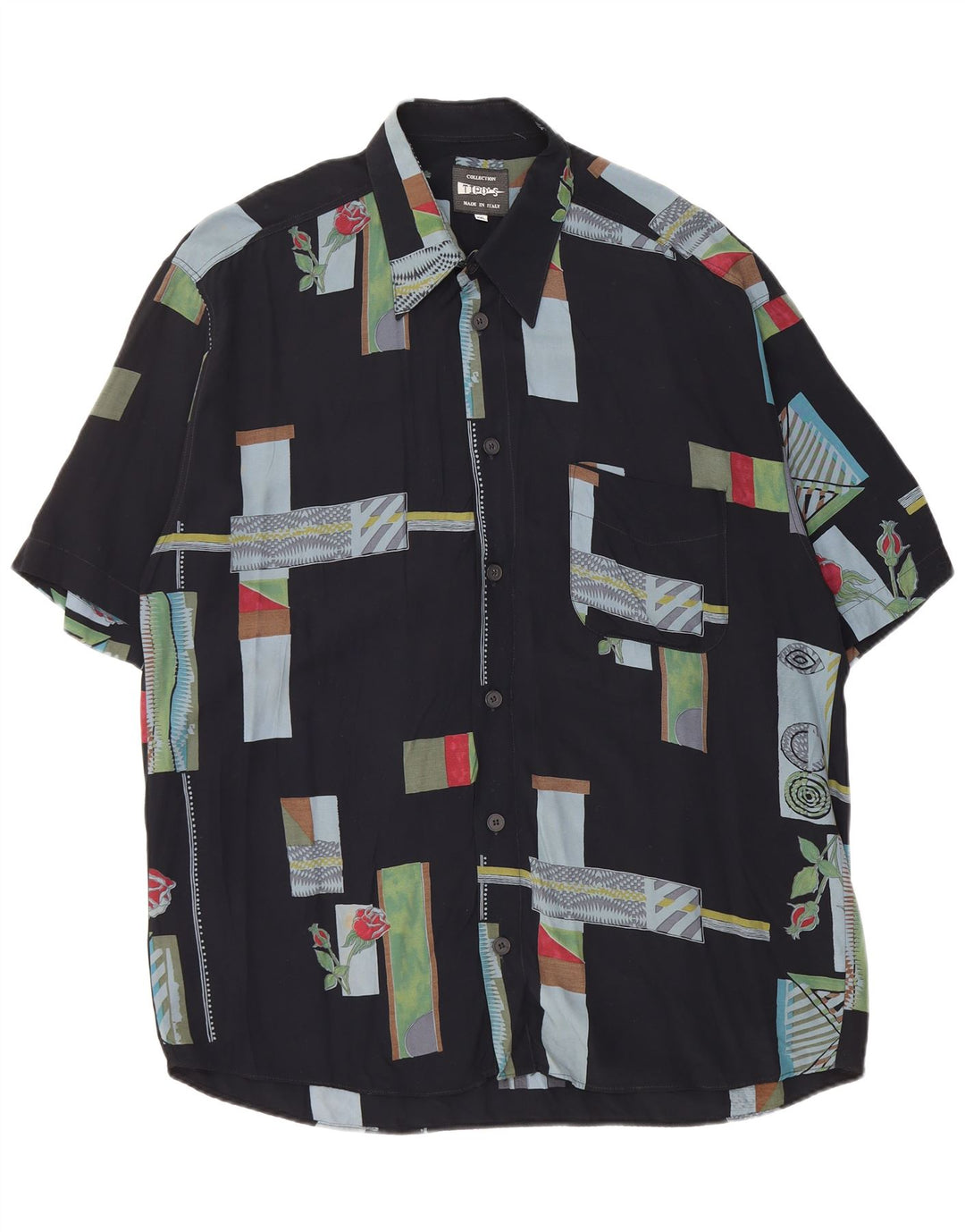 TIPO' S Mens Short Sleeve Shirt 2XL Black Patchwork Viscose
