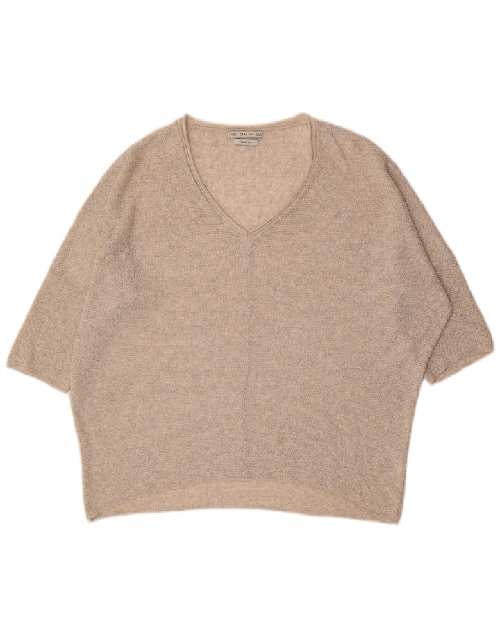 ZARA Mens Oversized Short Sleeve V-Neck Jumper Sweater Small Beige