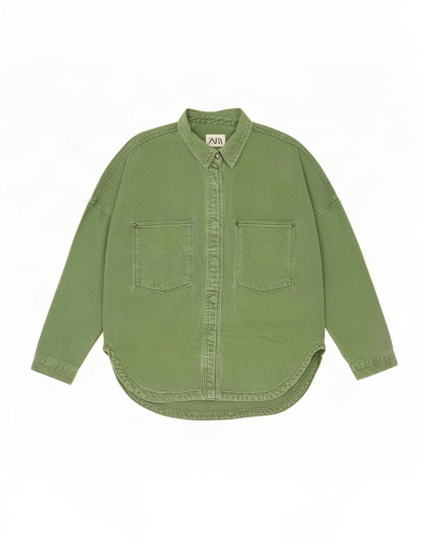 Zara Womens Oversized Denim Shirt UK 14 Medium Green Cotton
