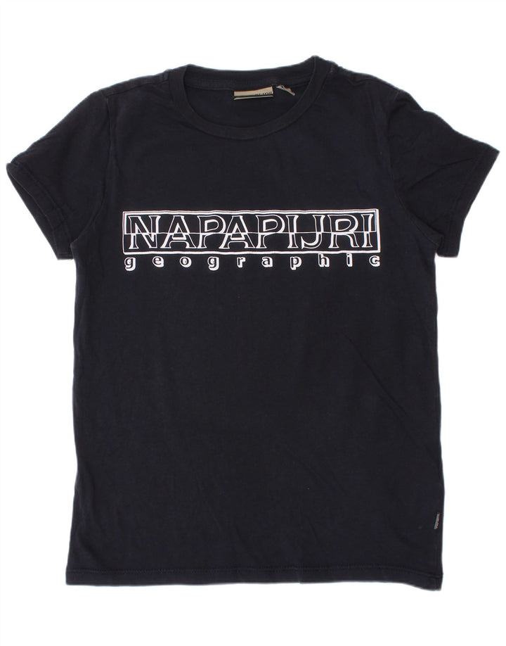 NAPAPIJRI Boys Geographic Graphic T-Shirt Top 7-8 Years Navy Blue Cotton