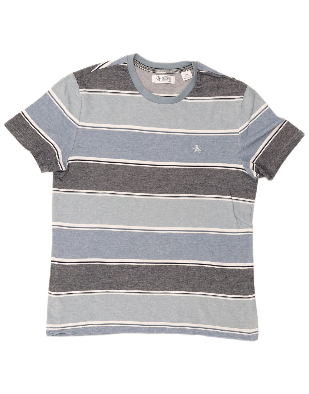 PENGUIN Mens T-Shirt Top Large Blue Striped Cotton