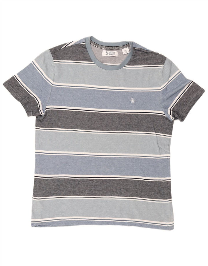 PENGUIN Mens T-Shirt Top Large Blue Striped Cotton
