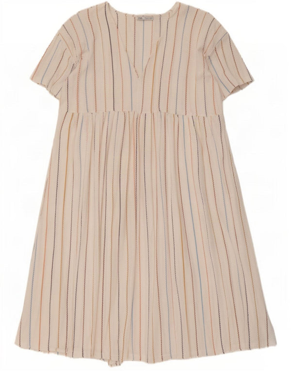 Zara Womens A-Line Dress UK 16 Large White Striped Polyester
