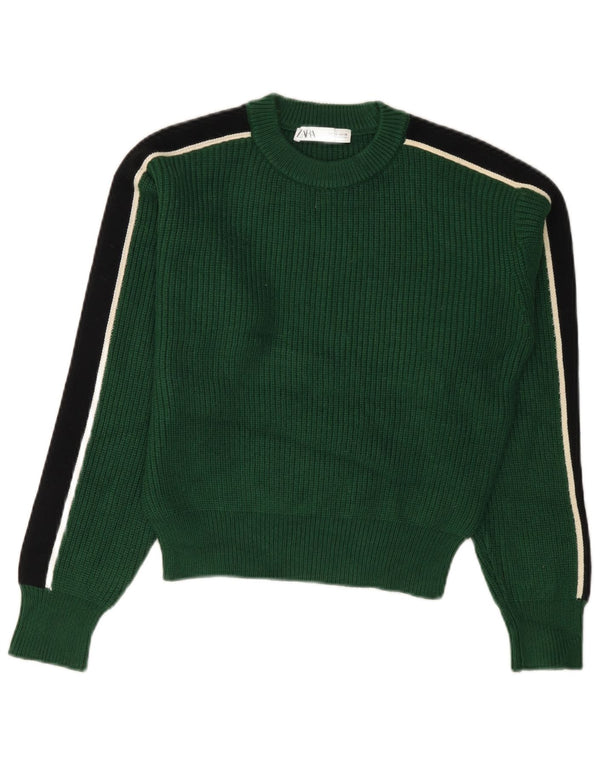 ZARA Womens Crop Crew Neck Jumper Sweater UK 10 Small Green Colourblock