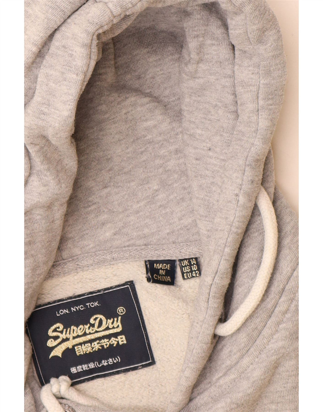 SUPERDRY Womens Graphic Hoodie Jumper UK 14 Large Grey Flecked Cotton