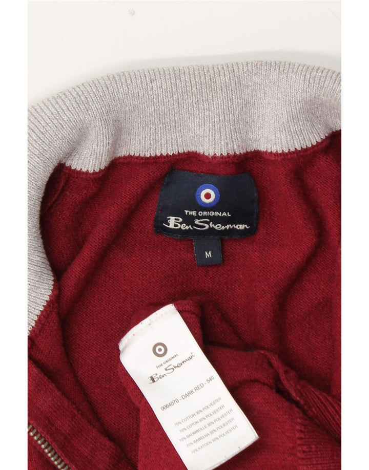 BEN SHERMAN Mens Zip Neck Jumper Sweater Medium Maroon Cotton
