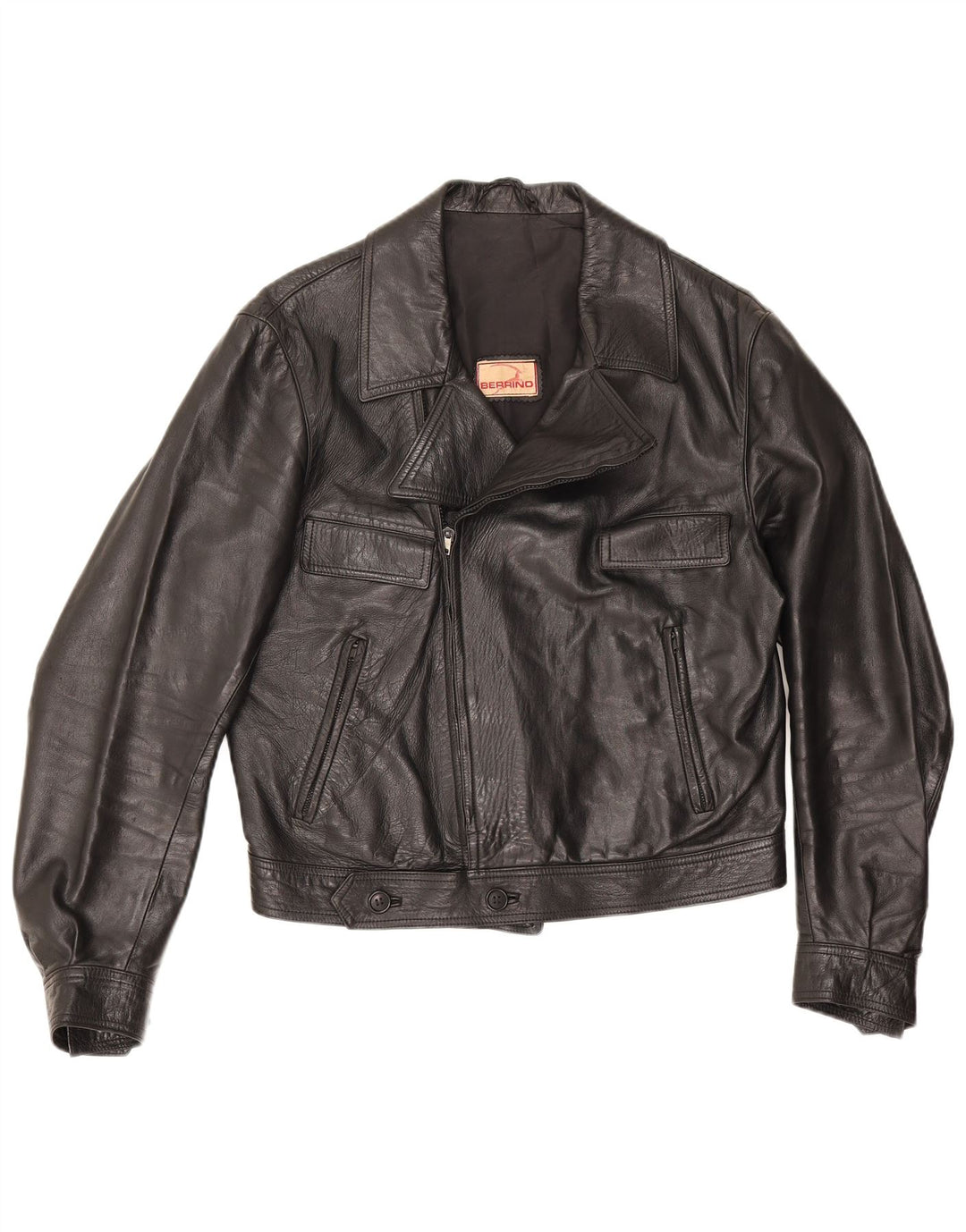 Berrino Mens Crop Leather Biker Jacket IT 48 Medium Black