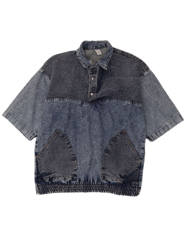 Vintage Mens Loose Fit Short Sleeve Pullover Denim Shirt Small Blue Cotton