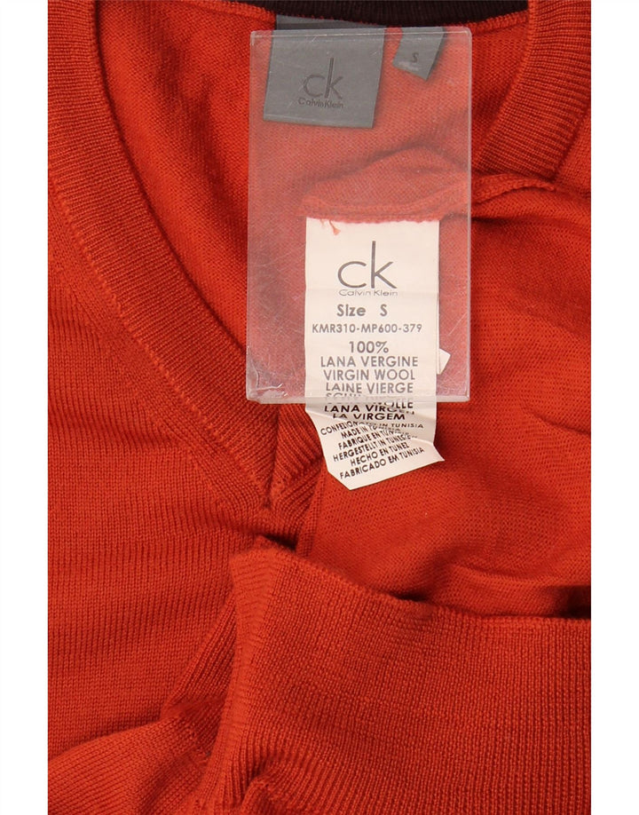 Calvin Klein Mens V-Neck Jumper Sweater Small Orange Virgin Wool