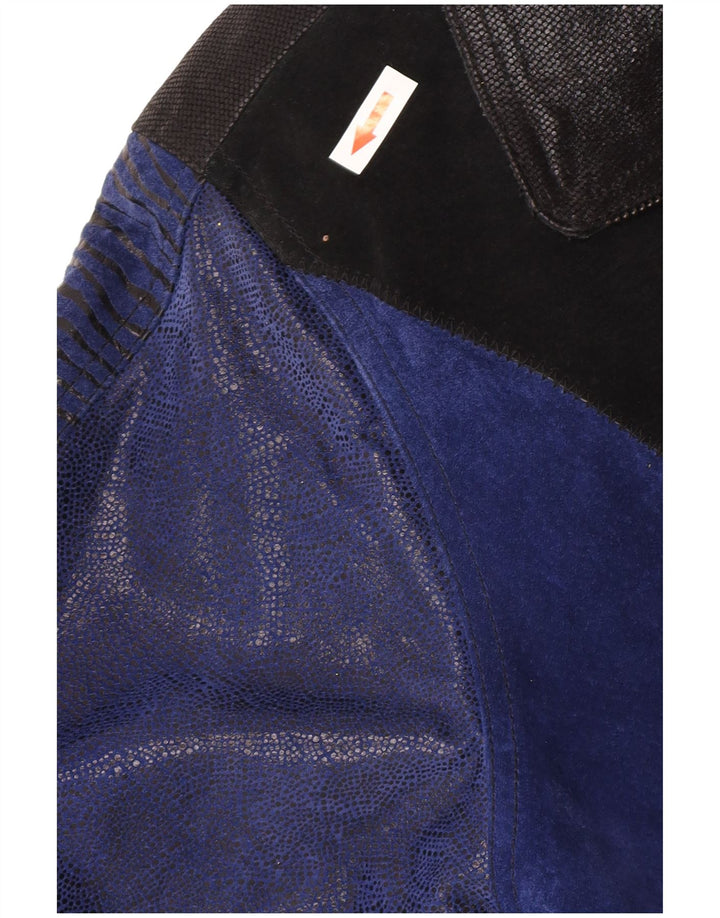 Vintage Womens Suede Overcoat UK 12 Medium Blue Colourblock Leather