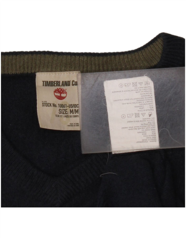 TIMBERLAND Mens V-Neck Jumper Sweater Medium Navy Blue Wool