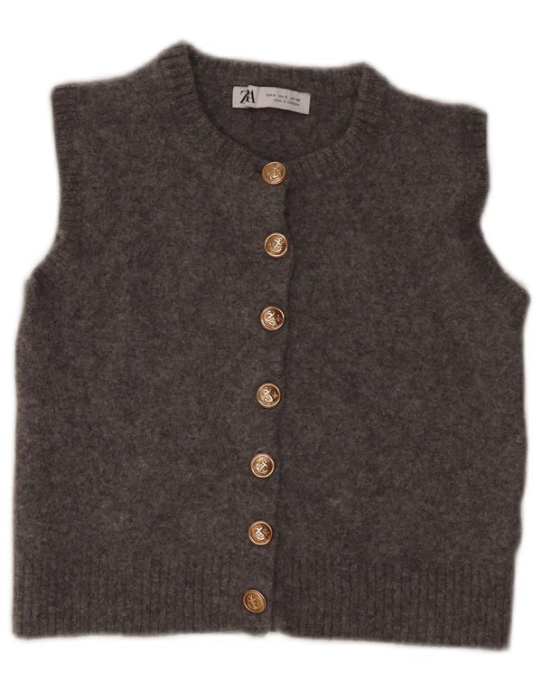Zara Womens Crop Sleeveless Cardigan Sweater UK 8 Small Grey Wool