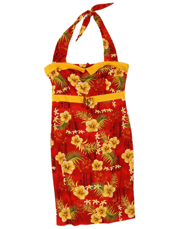 Collectif Womens Halter Dress UK 14 Medium Red Floral Cotton