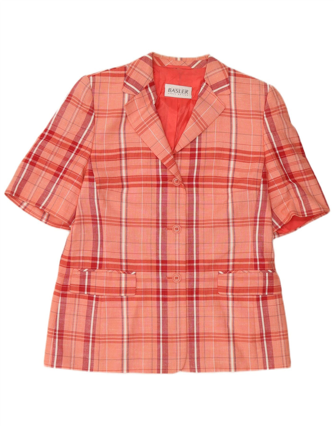 BASLER Womens 3 Button Short Sleeve Blazer Jacket UK 12 Medium Pink Check