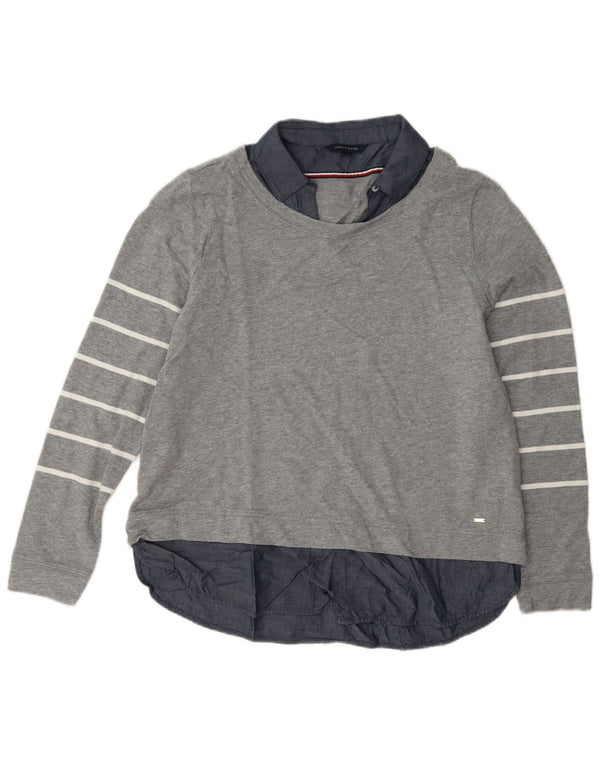 Tommy Hilfiger Womens Sweatshirt Jumper UK 14 Medium Grey Striped Cotton