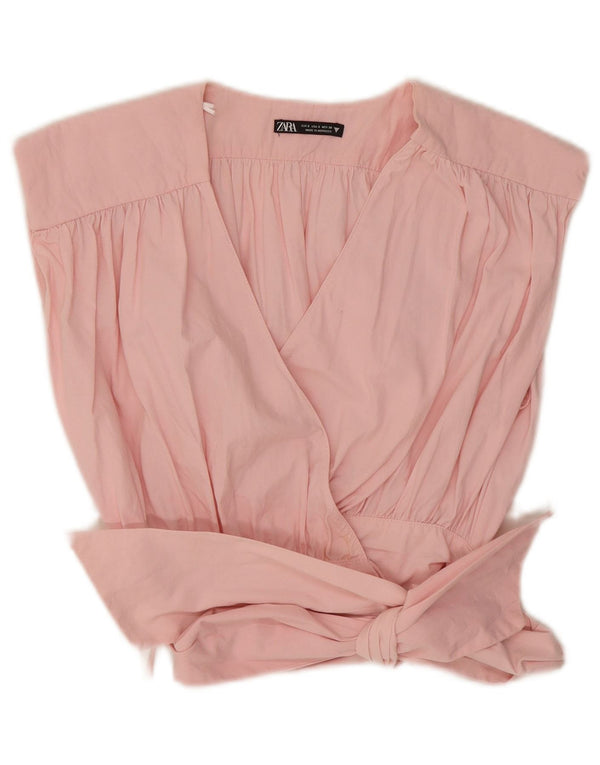 Zara Womens Sleeveless Wrap Crop Top UK 10 Small Pink Cotton