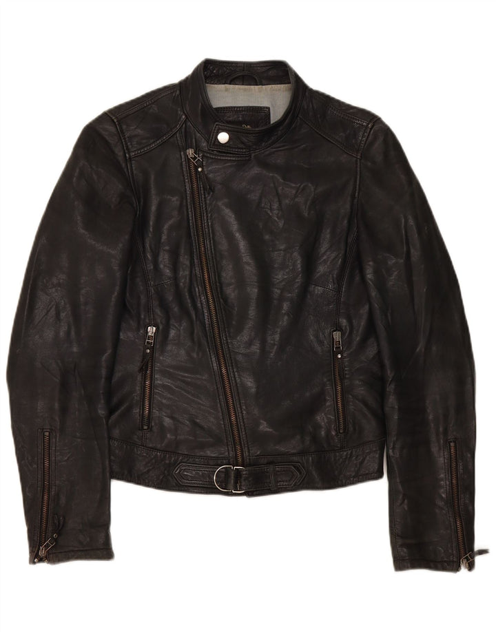 Massimo Dutti Womens Biker Leather Jacket UK 10 Small Black