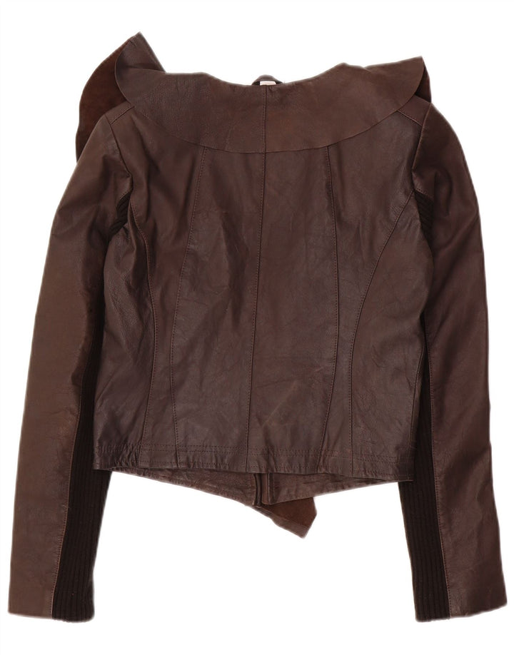 Oasis Womens Open Crop Leather Jacket UK 10 Small  Brown Leather