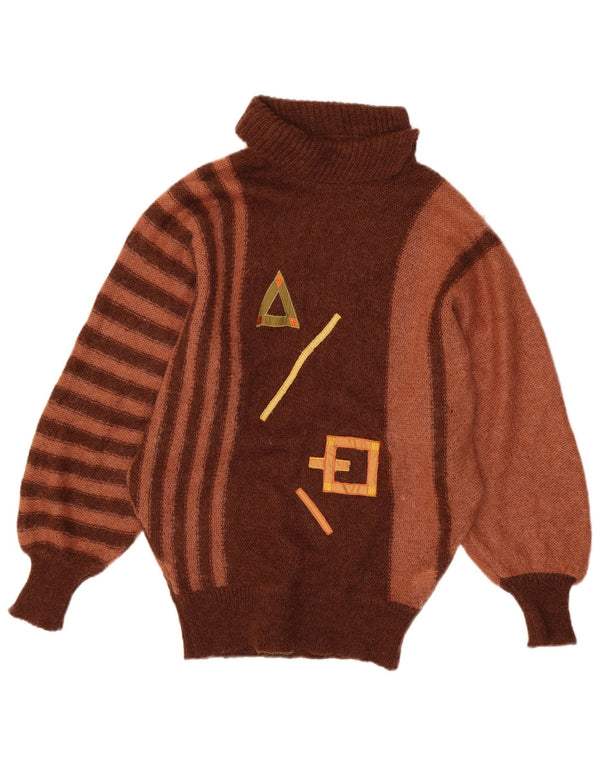 VINTAGE Womens Roll Neck Jumper Sweater UK 14 Large Brown Striped Mohair
