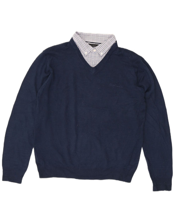 Pierre Cardin Mens V-Neck Jumper Sweater Large Navy Blue Acrylic Classic