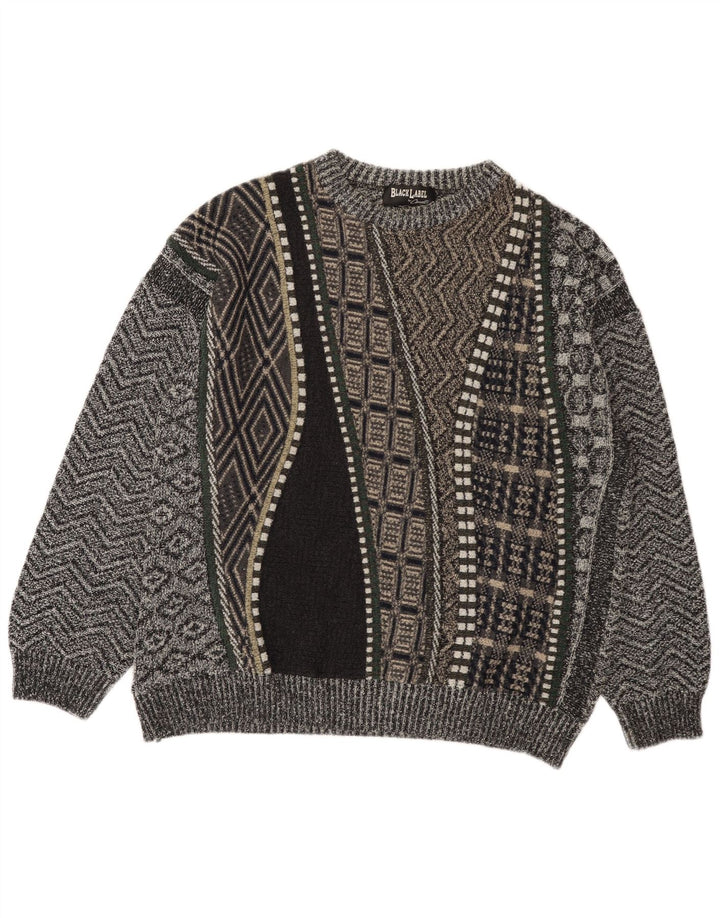 Vintage Mens Crew Neck Jumper Sweater XL Grey Patchwork Alpaca Wool