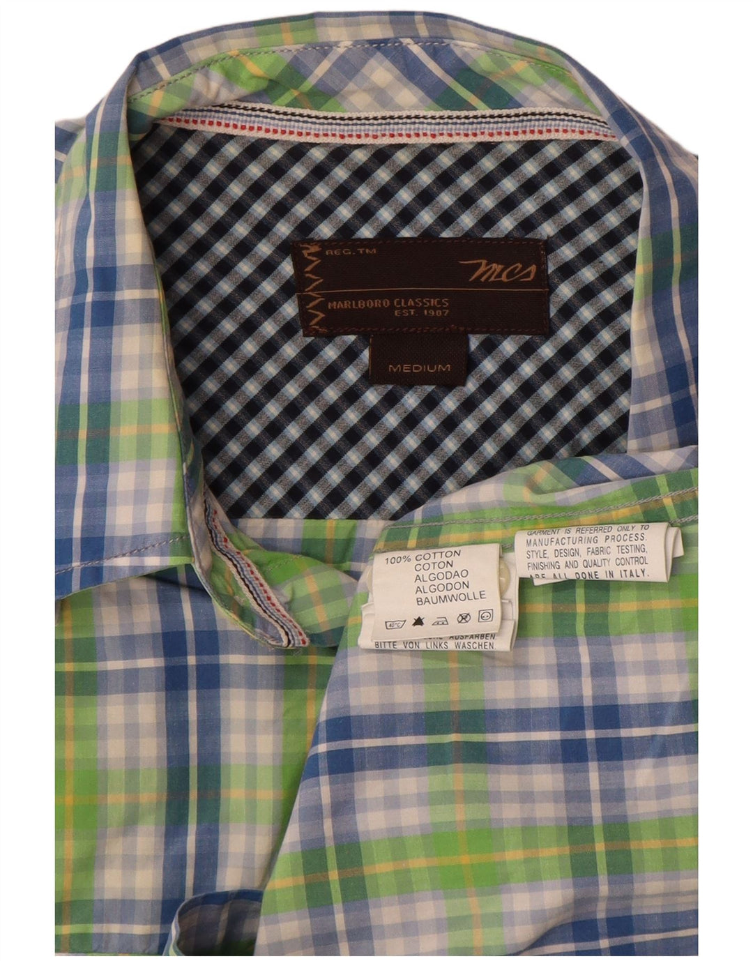 Marlboro Classics Mens Short Sleeve Shirt Medium Green Check Cotton