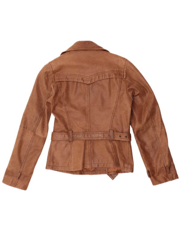Vintage Womens Double Breasted Leather Jacket UK 10 Small Brown