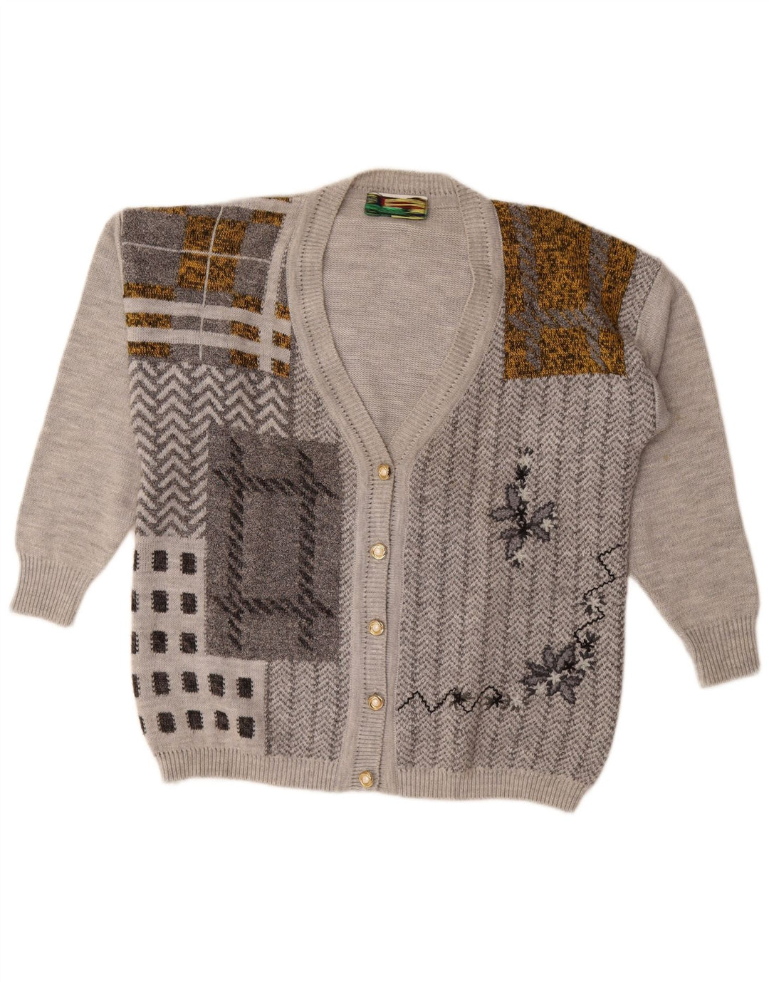 Vintage Womens Cardigan Sweater UK 18 XL Grey Patchwork