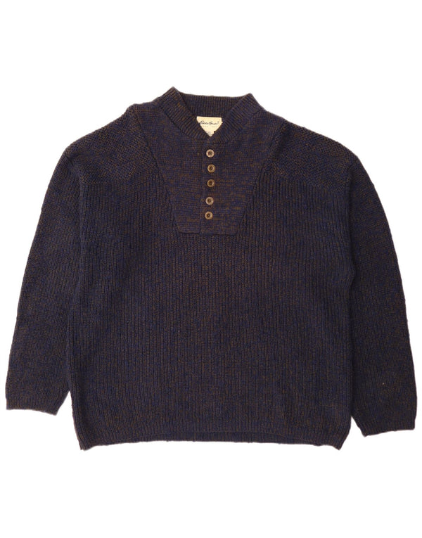 Eddie Bauer Mens Button Neck Jumper Sweater XL Navy Blue Flecked Cotton