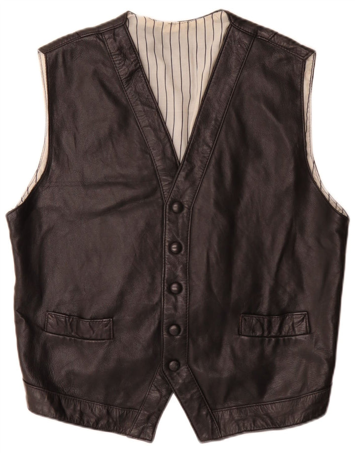 Vintage Mens Leather Waistcoat Medium Black