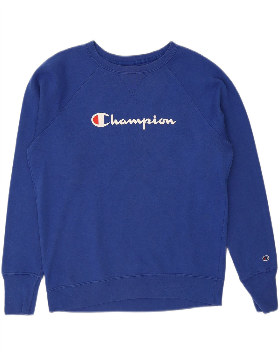CHAMPION Womens Graphic Sweatshirt Jumper UK 14 Medium Blue Polyester Vintage Champion and Second-Hand Champion from Messina Hembry 