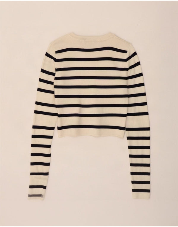Zara Womens Crop Blouse Top UK 8 Small Off White Striped Viscose