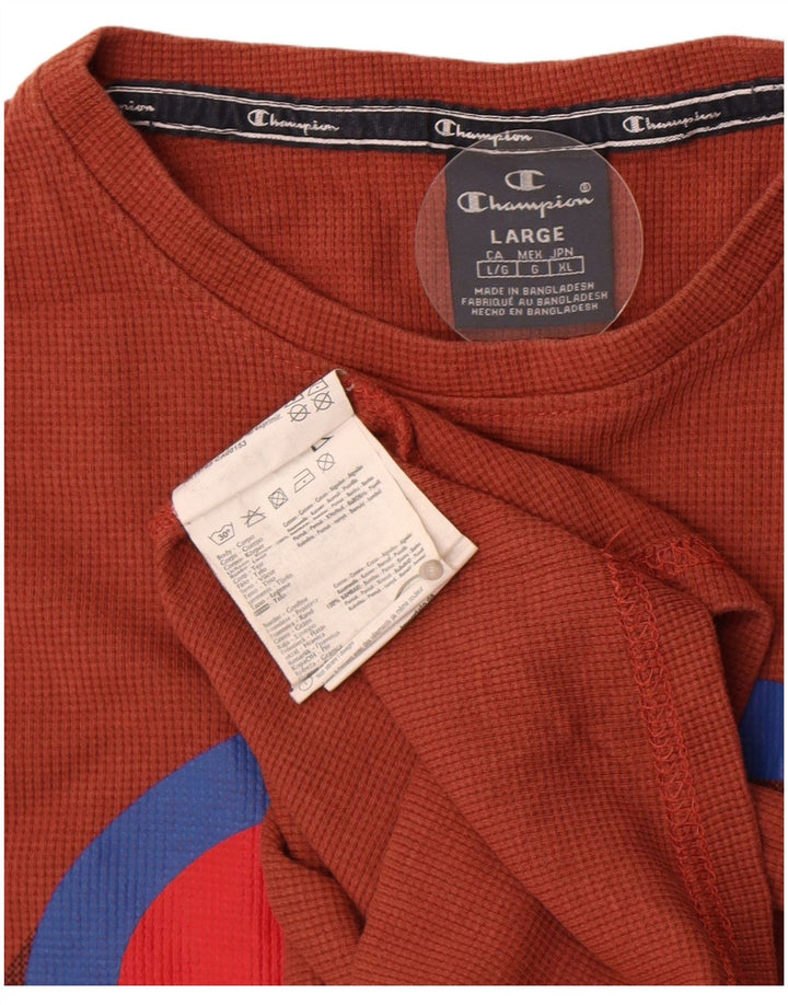 CHAMPION Mens Graphic Top Long Sleeve Large Brown Cotton